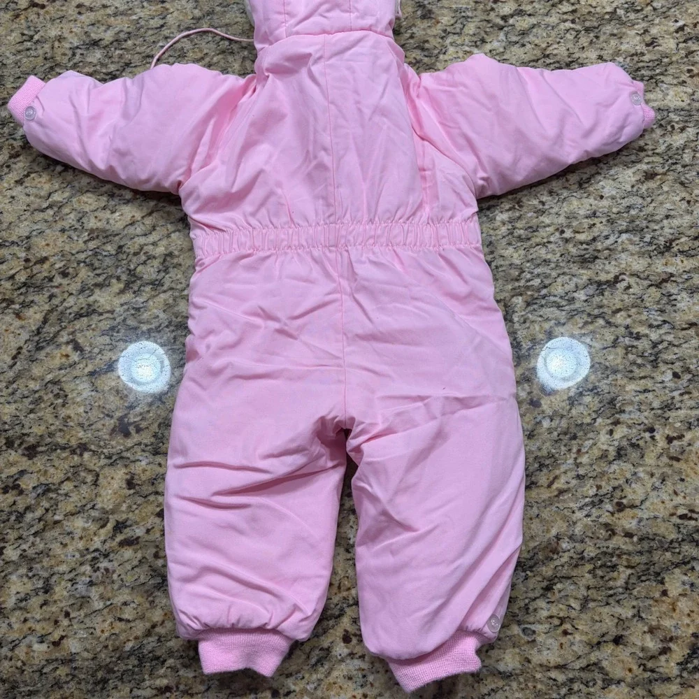 Vintage Pink Toddler Snowsuit 18M Cat Applique Faux Shearling Hood Quilted